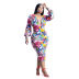 plus size long-sleeved deep V floral print package hip tight dress NSCYF118599
