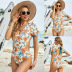 print short sleeve hollow backless lace-up one-piece swimsuit NSLM118640
