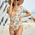 print short sleeve hollow backless lace-up one-piece swimsuit NSLM118640