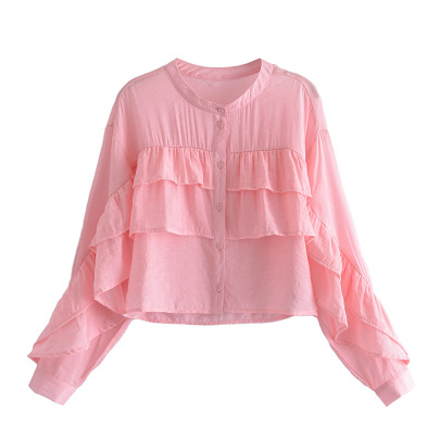 Spring Long-sleeved V-neck Pink Layered Shirt NSXFL118375