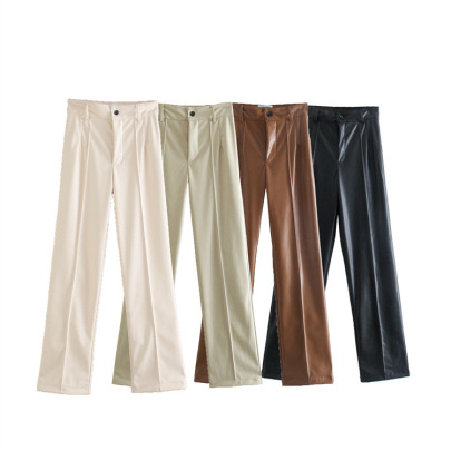 High Waist Loose Straight Solid Color Imitation Leather Pants NSYJN118654