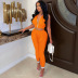 sexy orange sleeveless with zipper top and pants two-piece set  NSSD118682