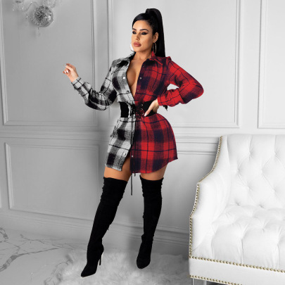 Autumn Retro Plaid Long-sleeved Color Maching Belted Shirt Dress NSSD118688