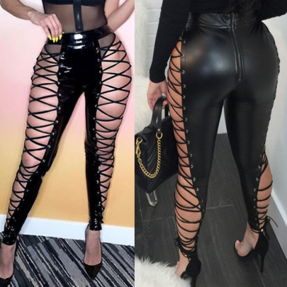 Hollow Tight Strappy High Waist Leather Pants NSDLY118703
