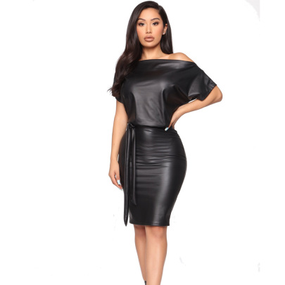 One-shoulder Short-sleeved Lace-up Tight Solid Color PU Leather Dress NSDLY118708