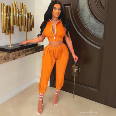 Sexy Orange Sleeveless With Zipper Top And Pants Two-piece Set  NSSD118682