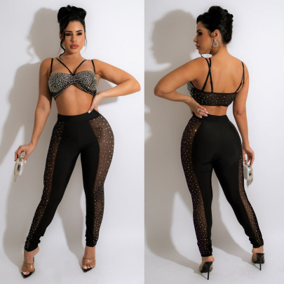 Sexy Tube Top  Hot Drilling Camisole And Perspective Pants Two-piece Set  NSSD118689