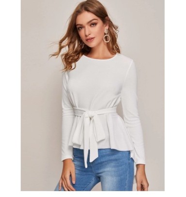 White Long-sleeved Round Neck Belted Commuter Top NSNCK118829