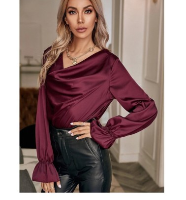 Spring Solid Color Pile Collar Long-sleeved Satin Straight Top  NSNCK118816