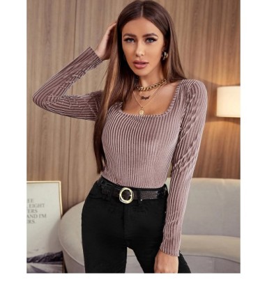 Autumn Solid Color Long-sleeved Square Neck Striped Commuter OL Top NSNCK118828