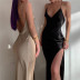 backless V-neck slit sling slim solid color dress NSYKD118838