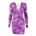 spring purple printing long-sleeved drawstring tight package hip short dress NSJYF118850