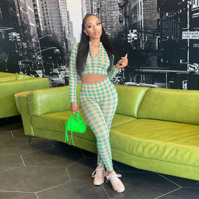 Green Plaid Print Long-sleeved V-neck Slim Top And Trousers Two-piece Set  NSJYF118853