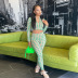 green plaid print long-sleeved v-neck slim top and trousers two-piece set  NSJYF118853