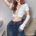 hollow short sleeve slim short solid color knitted top with sleeve covers NSSS118885