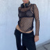 solid color round neck long-sleeved fishnet hollow out top NSSWF118897