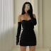 black with a pair of oversleeve word neck wrapped chest package hip tight dress  NSSSN118910