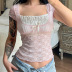 lace stitching short-sleeved square neck slim T-shirt NSSSN118911