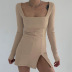 solid color long-sleeved square neck tight slit package hip short dress NSSSN118923