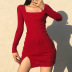 solid color long-sleeved square neck tight slit package hip short dress NSSSN118923