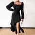 square neck slit long sleeve solid color lace dress NSAFS118934