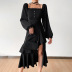 square neck slit long sleeve solid color lace dress NSAFS118934