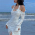 spring white long-sleeved halterneck off-shoulder hollow pleated slit dress NSBJD118951