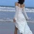 spring white long-sleeved halterneck off-shoulder hollow pleated slit dress NSBJD118951