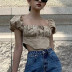 summer short-sleeved square neck lace-up pleated top NSBJD119106