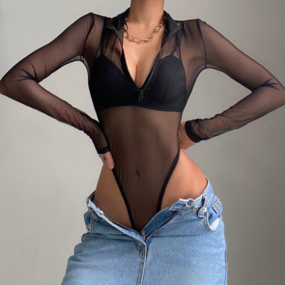Sexy Black Perspective Mesh Zipper Bottom Jumpsuit  NSSSN118926