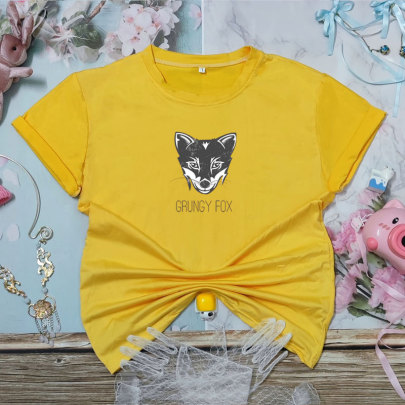 Solid Color Short-sleeved Wolf Print Simple T-shirt  NSYIS119866