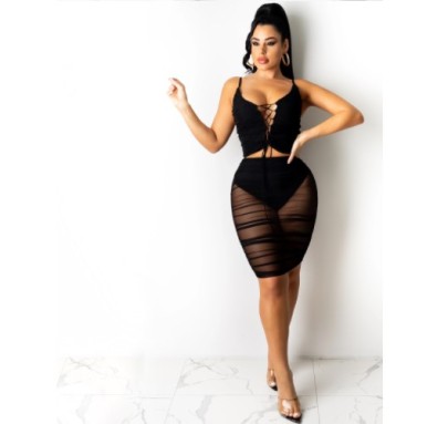 Solid Color Perspective Mesh Drawstring Sling Vest And Pleated Skirt Two-piece Set NSFYZ119096