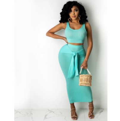 Summer Solid Color Vest And Tight Knotted Long Skirt Two-piece Set NSFYZ119089