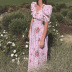 floral print puff sleeve waist slim dress NSHHF119195