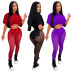 sexy solid color short-sleeved top and high-waist see-through mesh pants two-piece set  NSYDF119221