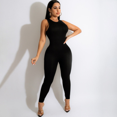 Solid Color Round Neck Sleeveless Tight Jumpsuit NSZH119319