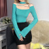 hollow hanging neck long-sleeved lace-up slim solid color top NSSS119321
