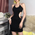 pearl hanging neck backless hollow slim solid color dress NSSS119323