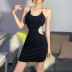 pearl hanging neck backless hollow slim solid color dress NSSS119323