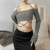 off-shoulder long sleeve hanging neck lace-up short solid color top NSSS119325