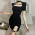 hollow lace-up slim short sleeve solid color dress NSSS119327