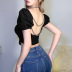 backless chains low-cut hanging neck short sleeve solid color top NSSS119328
