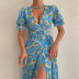 printed Lace Up V-Neck Slit Dress NSHHF119341