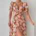 printed Lace Up V-Neck Slit Dress NSHHF119341