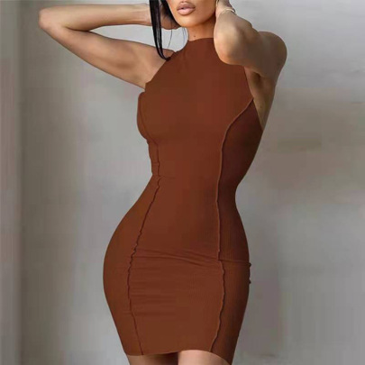 Solid Color Round Neck Sleeveless Slim Package Hip Short Dress  NSBLS119351