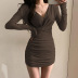 solid color long-sleeved V Neck pleated package Hip tight Dress NSSSN119381