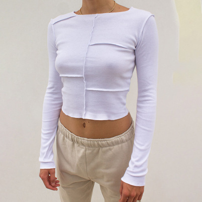 White Long-sleeved Round Neck Stitching Top  NSBLS119424