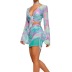sexy perspective mesh color matching print trumpet-sleeved top and skirt two-piece set  NSBLS119435