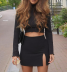 2 piece solid color long sleeve slim top and slit skirt set NSHFH119857