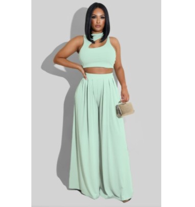 Hollow Sleeveless Wide-leg Solid Color Top And Pants Set NSXLY119199